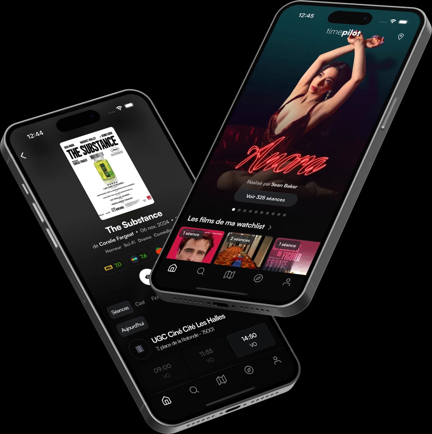 Capture d'écran de l'application Timepilot montrant les films à l'affiche